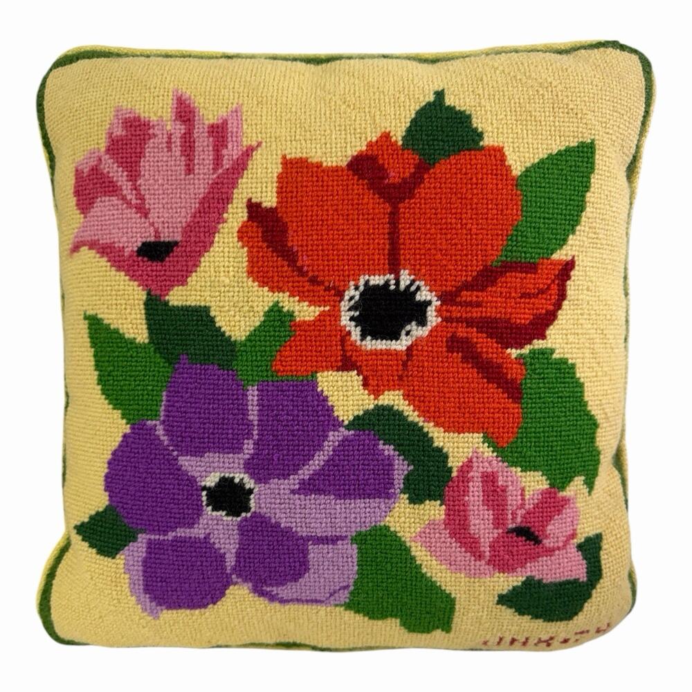 VTG 1974 Handmade Needlepoint Floral Throw Cushion W/Zipper Initialed & Dated